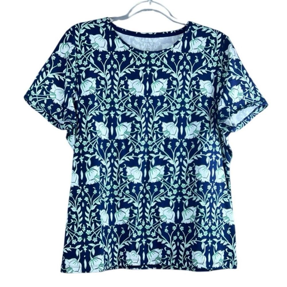 Talbots Petite XL Navy Botanical Floral Tee Cotton Stretch Short Sleeve